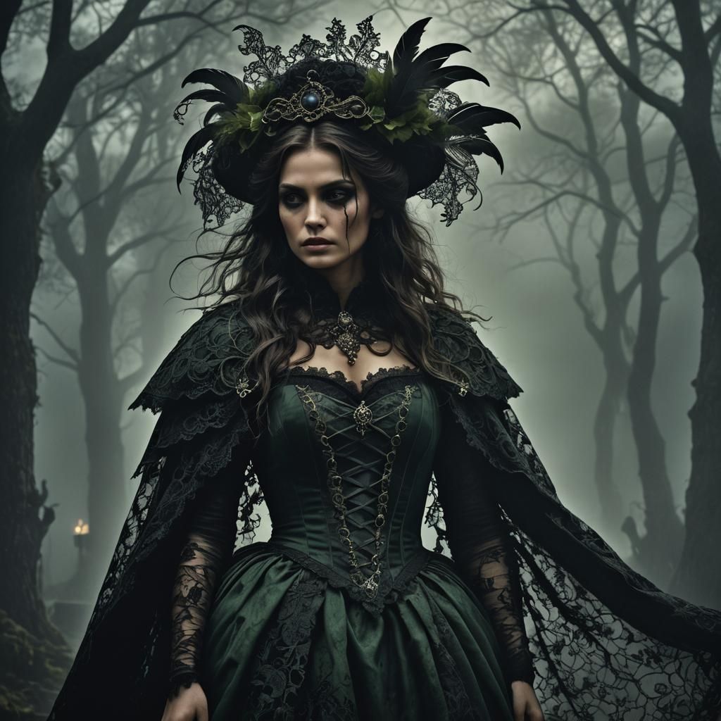 Una donna con un mantello verde scuro decorato con pizzo nero. Ha i capelli neri. Alle spalle un enorme corvo. 