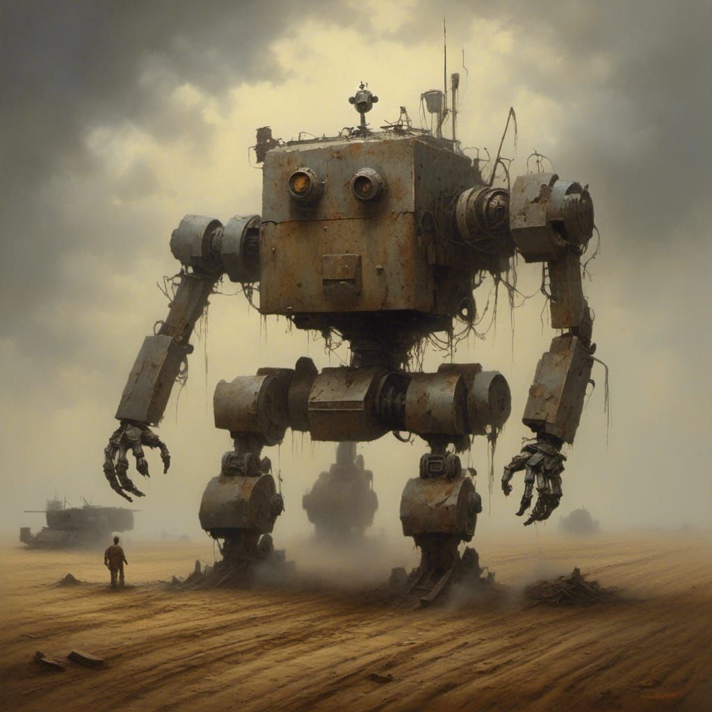 <lora:mist:1.0> <lora:pulpc:1.0> a large robot standing on t...