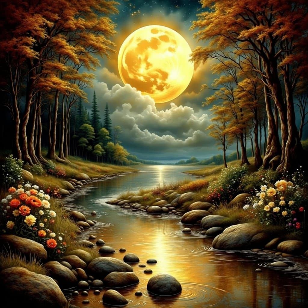 Dark Fantasy Digital Painting of a Molten Gold River