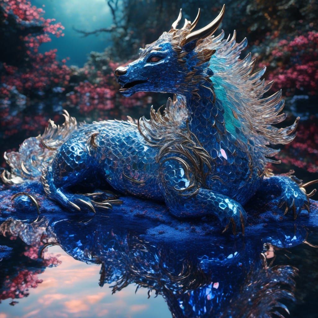 A  iridescent qilin but made out of Crystal , rising from a mystical laspiz lazuli lake, high detail <lora:Alien Complex:1.0>
