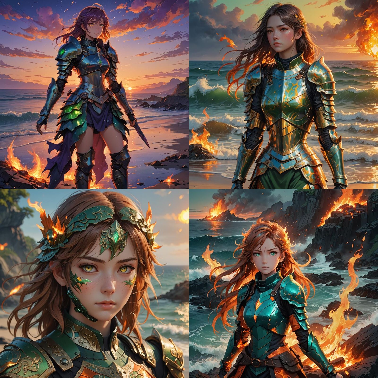 Anime Girl in Armor with Green Eyes by the Sea