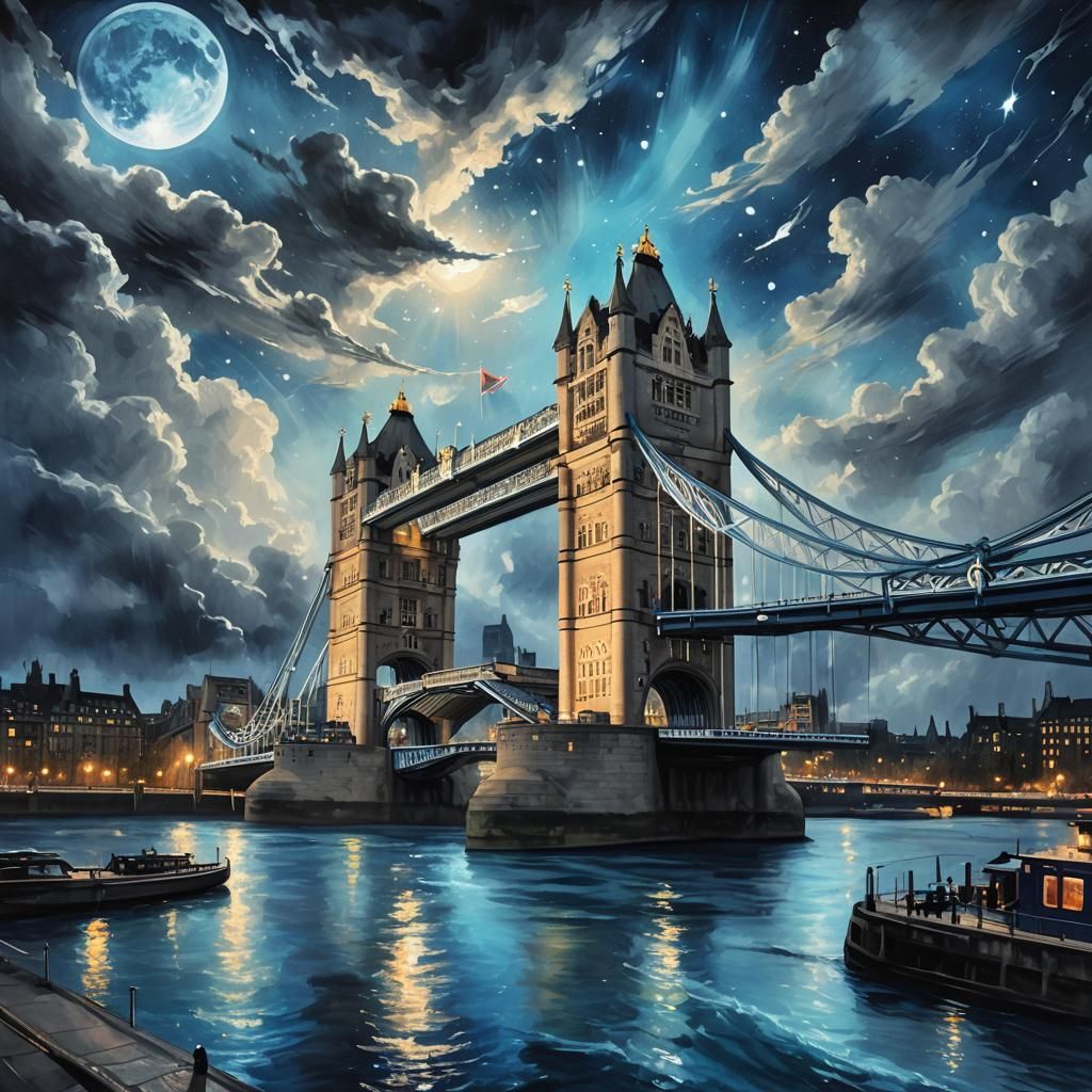 London Tower Bridge, moonlight.