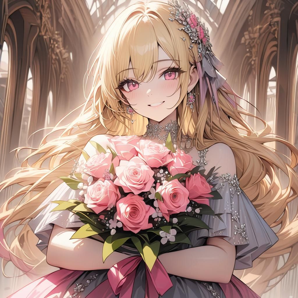Smiling Blonde Girl with Pink Bouquet