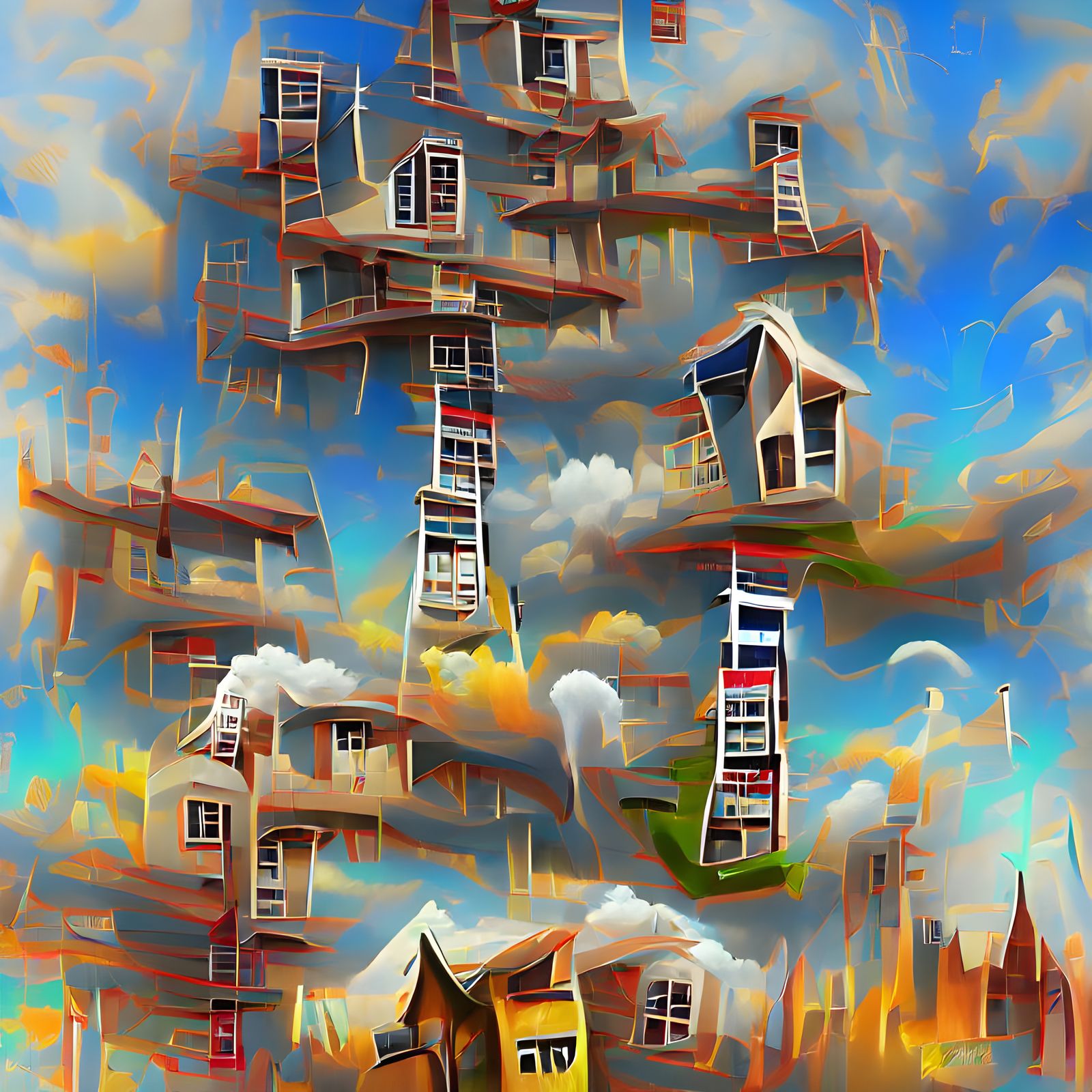 An unrealistically tall tower of houses with ladders. Vertic...