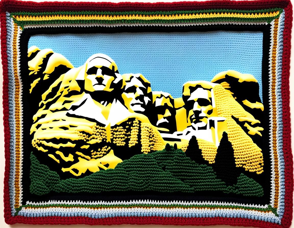 Mount Rushmore portrait done in crocheting.