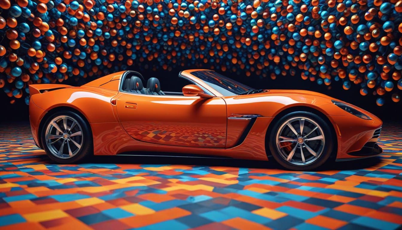 A luxurious convertible sports car.  Colorful checkerboard and balloons   by @kirra-anne-ramirez