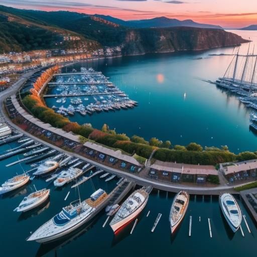 Drone view of a fantasy harbour full of boats. Beautiful lan...