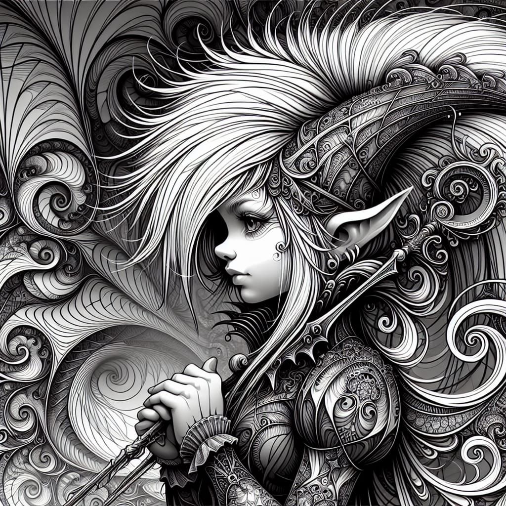 Gothic female gnome, full body, abstract vector fractal, wav...