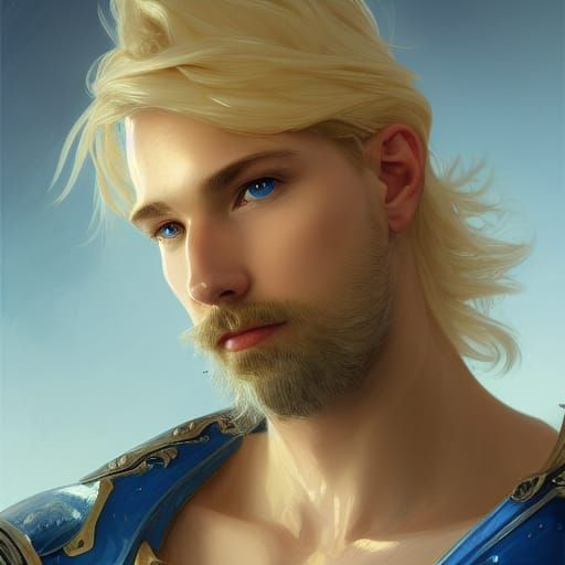 Fantasy Blue Male Knight with golden blond hair and a short ...