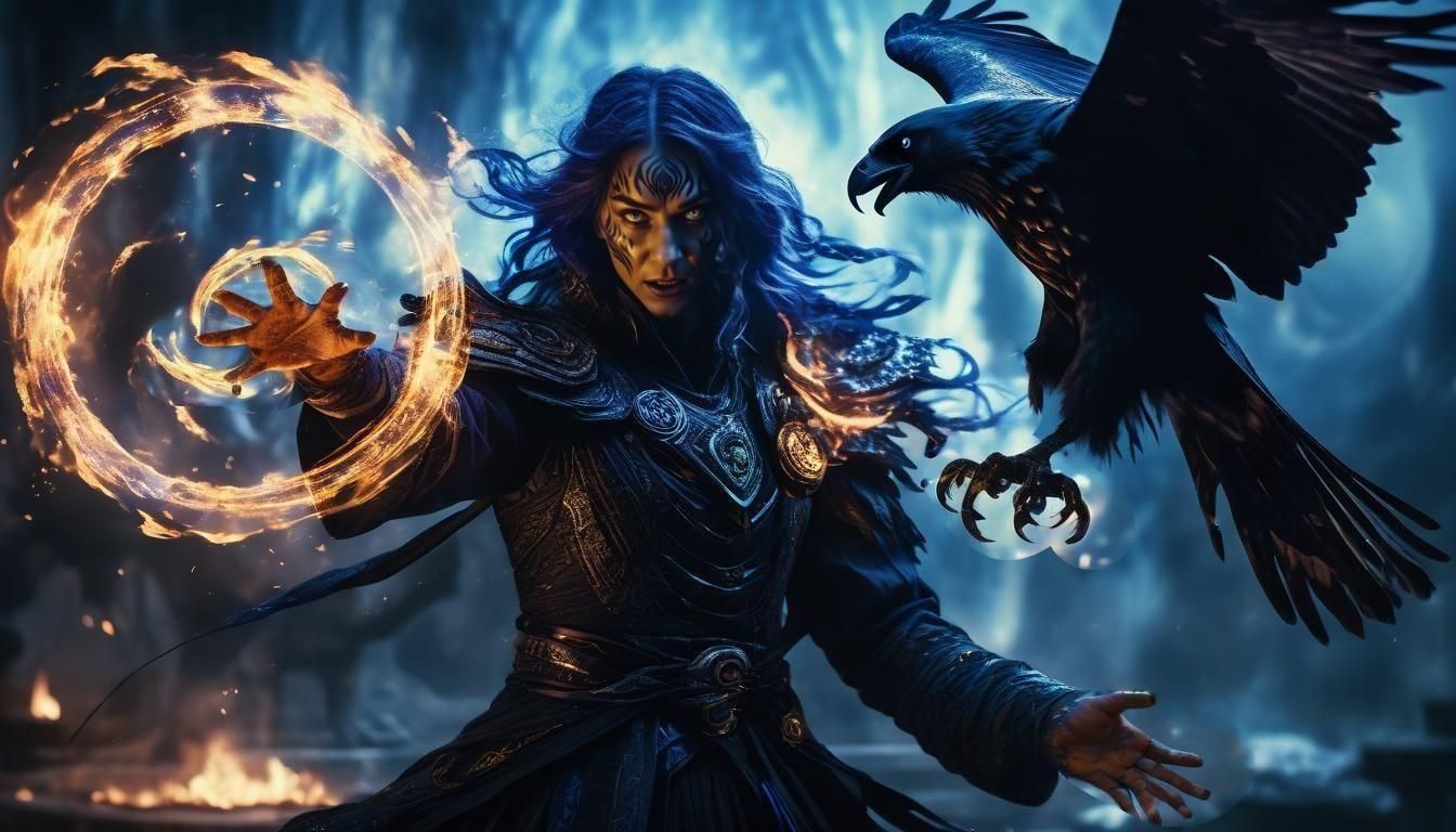Arcane witch with void magic, chaos energy, floating magic circles flames of blue color, flying raven, ...  by @Ramiraux
