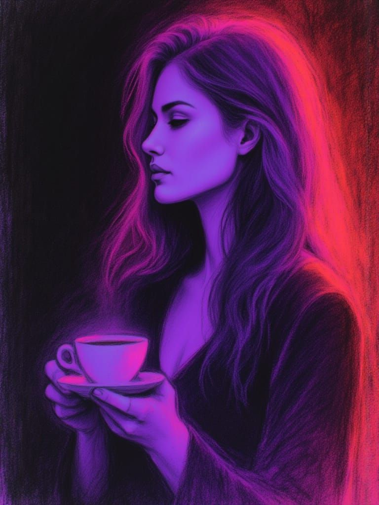 <lora:Neon Charcoal:1.0> neon charcoal, Female Half body length drinking coffee,  neon red and purple