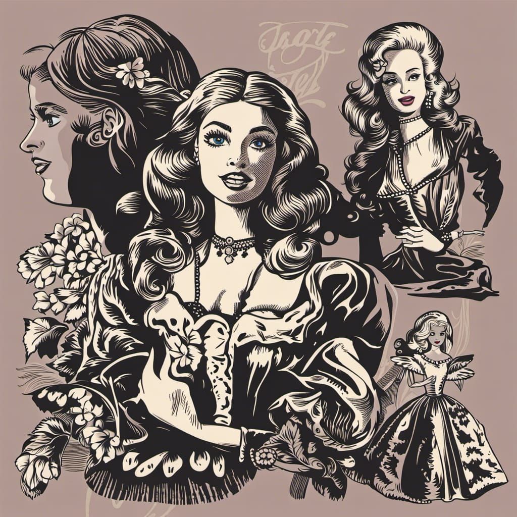 barbie doll vector vintage black and white woodcut