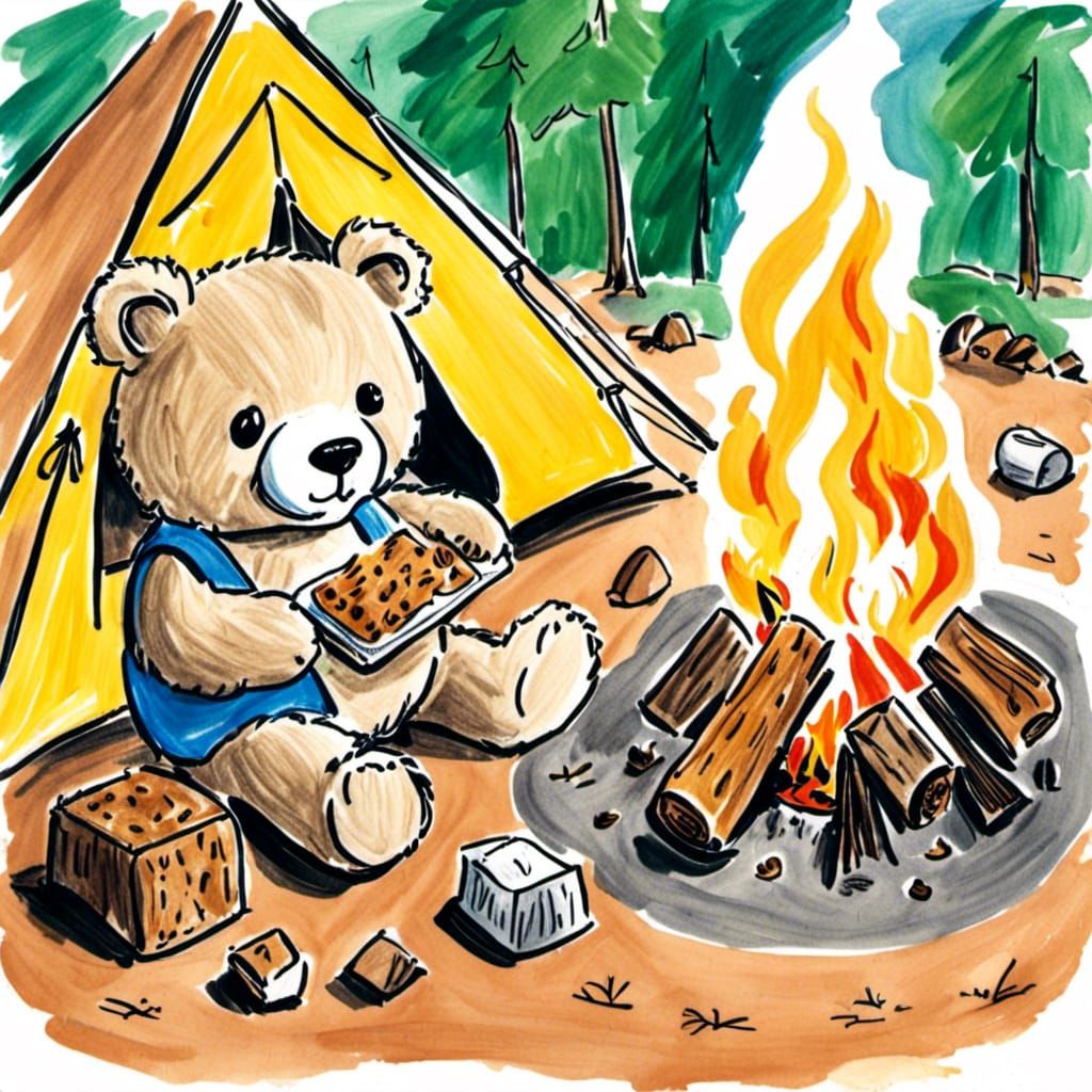 <lora:Keiki:1.0>a toddler's drawing of a teddy bear at a camp fire eating smores.