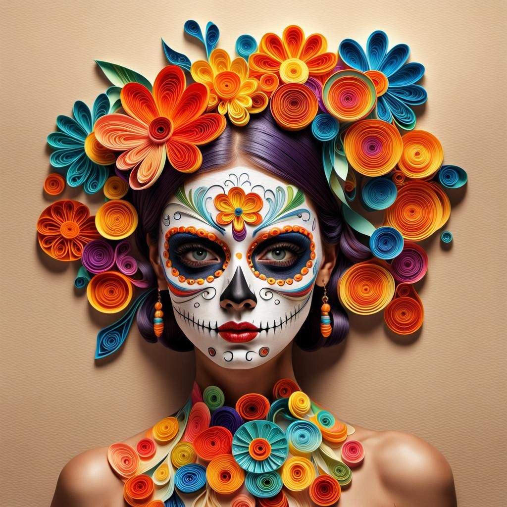 Medium shot of a beautiful woman wearing colorful Día de los...