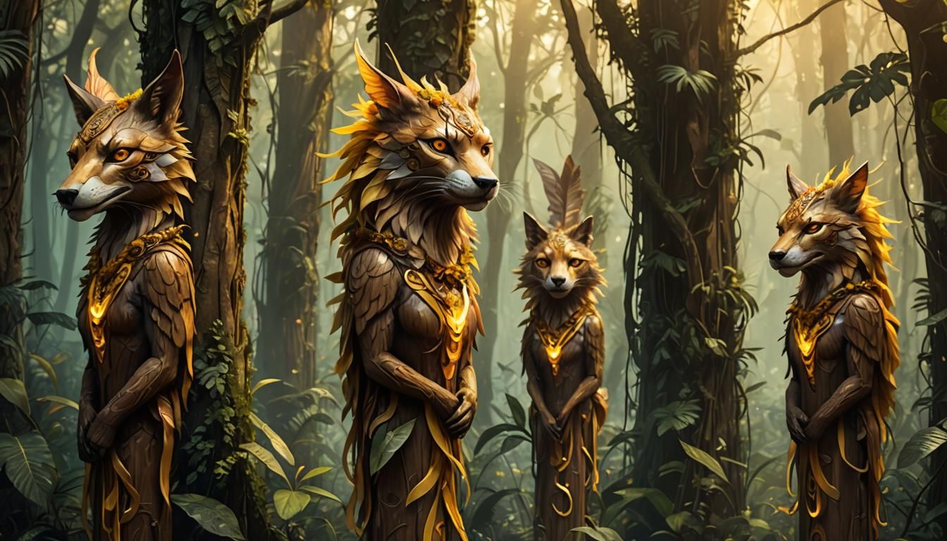 Three Detailed wooden totem poles in the jungle. amber, irid...