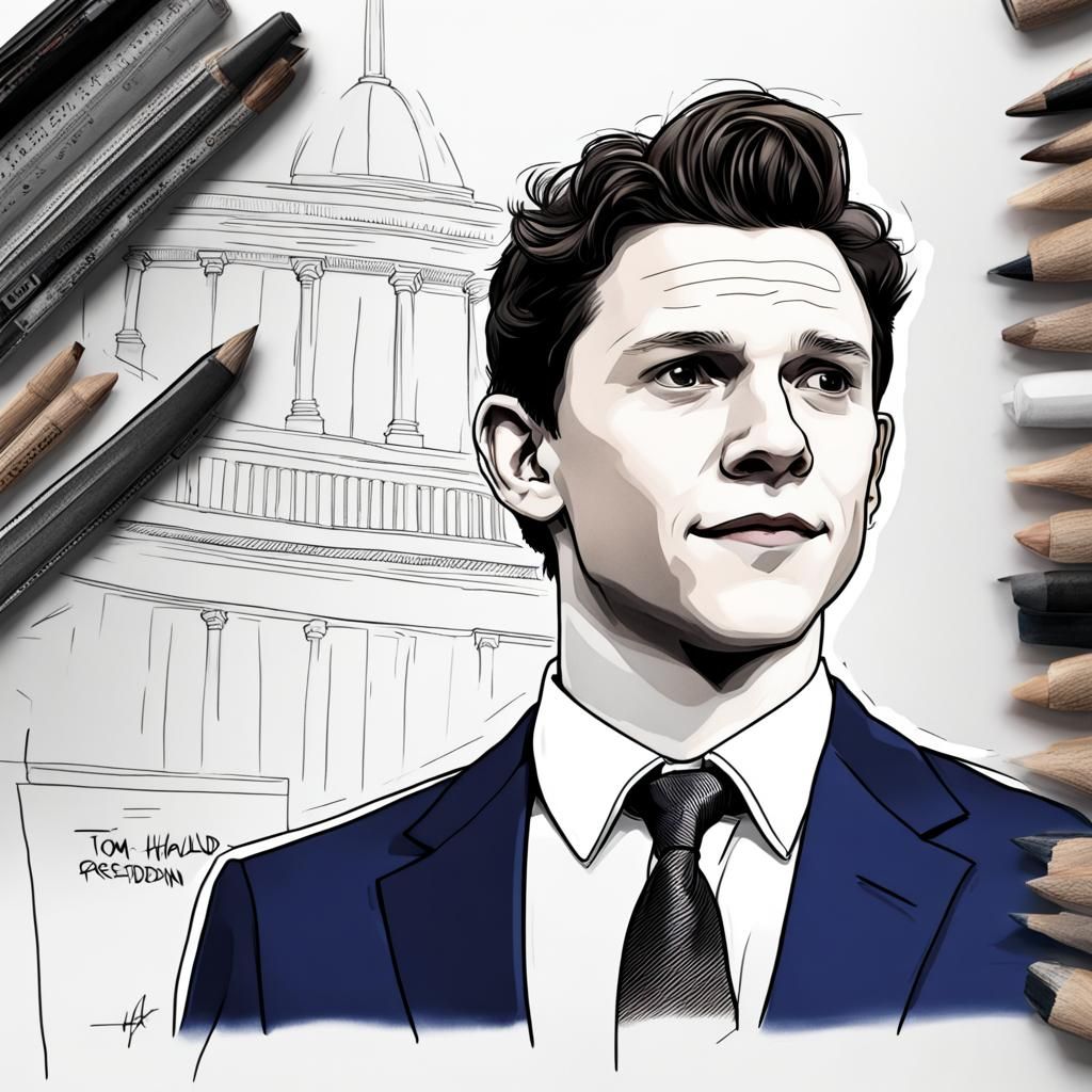 Hyper detailed sketch of Tom Holland as president