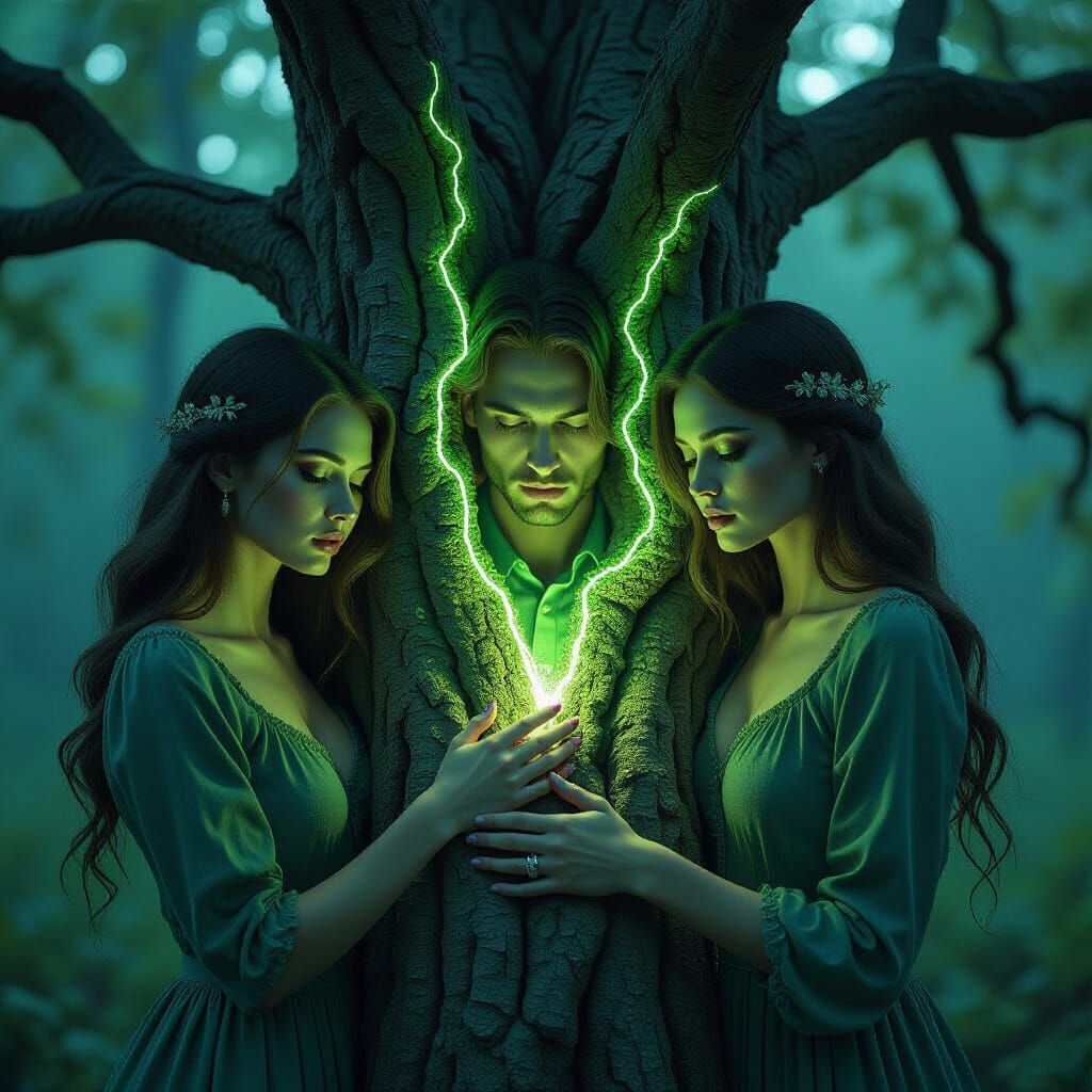 Human-Tree Fusion Under Eerie Green Light, Photorealistic