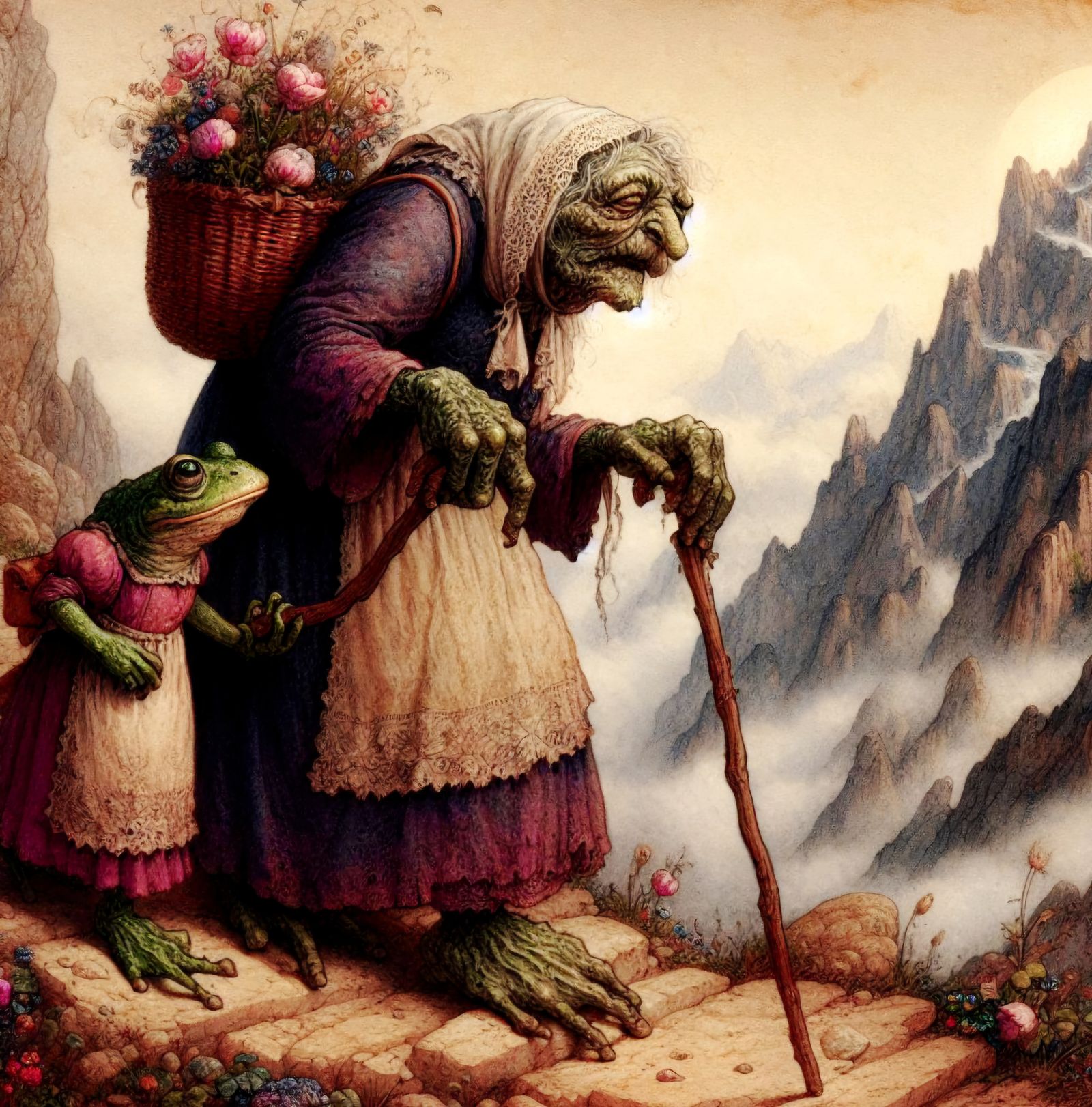 Elderly frog woman, grandchild