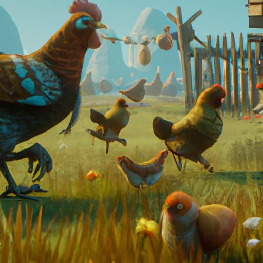 Chickens running in a  Field