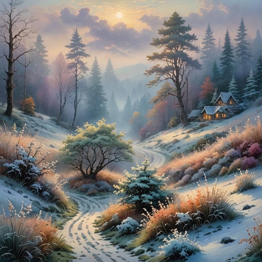 Ethereal Dawn: Frosty Landscape in Watercolor Style