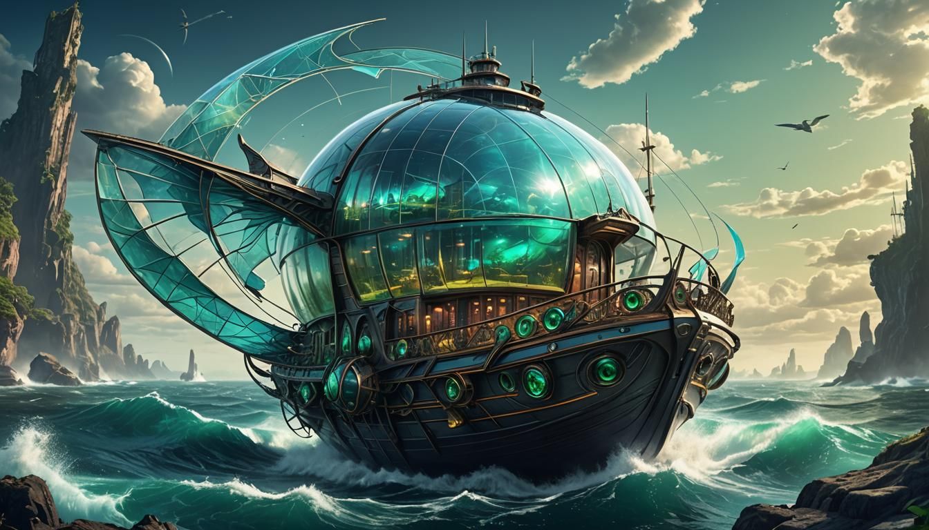 Fantastical futuristic boat with glass dome  by @Sleepy Dragon