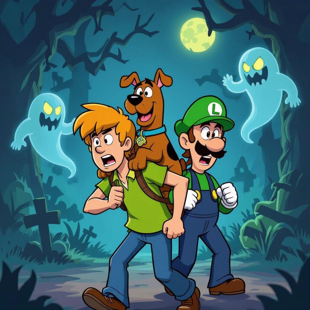 Shaggy from Scooby-Doo is holding Scooby-Doo on his back, looking away. Luigi from Luigi's Mansion 3 is facing Shaggy, and he is holding Pol...