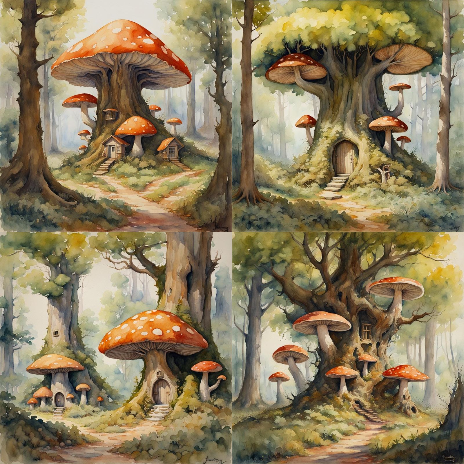 Watercolor painting of a fairy forest, with mushroom houses ...