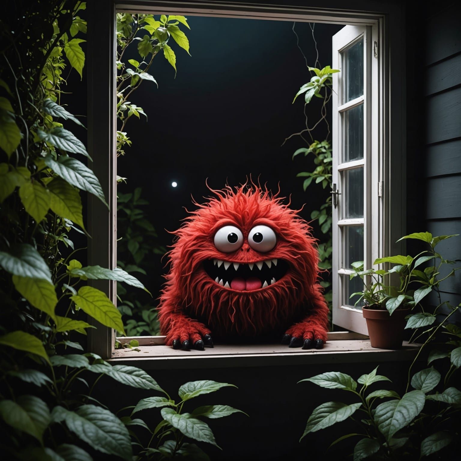 A shy  fluffy red  monster, hanging tongue, bad eyes, lurking in the dark popping out from bushes in ...  by @Eric Lacomblez
