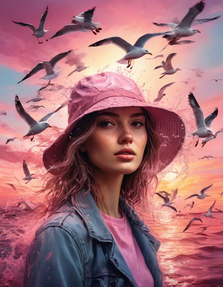 In the pink sea
Sunset sky
Seagulls are splashing.

the girl...