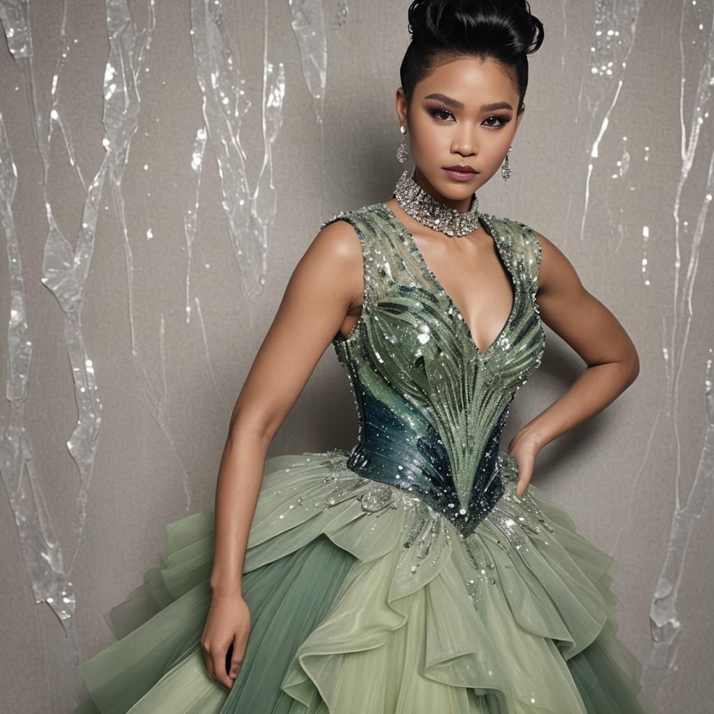 She  wears a sleeveless v neckline dress with an encrusted b...