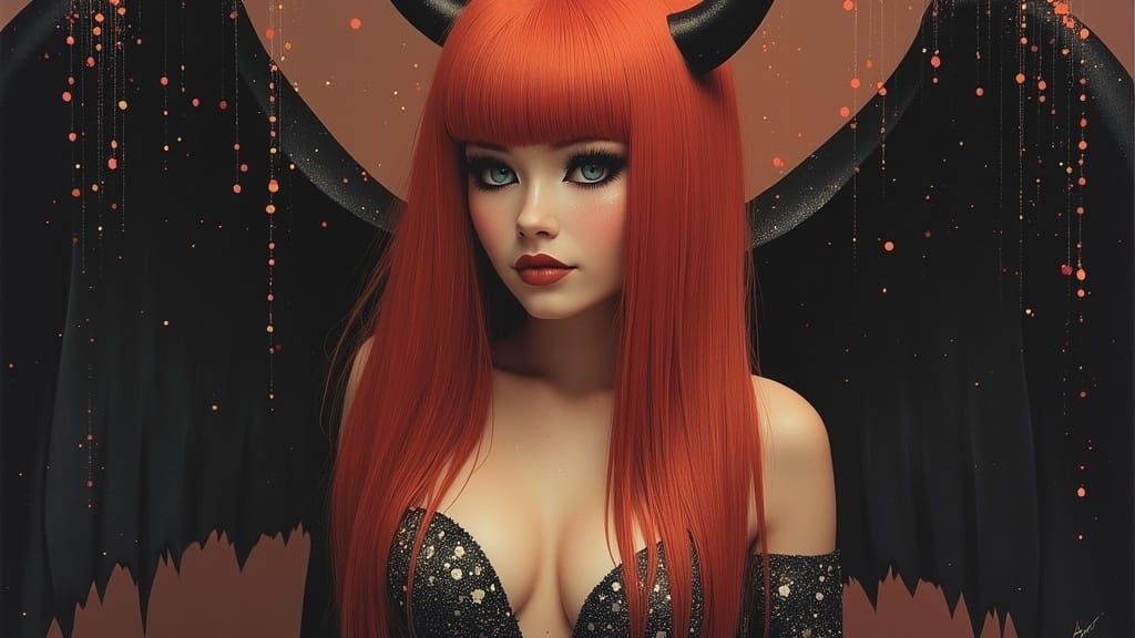 Sultry Red-Haired Demoness with Iridescent Wings