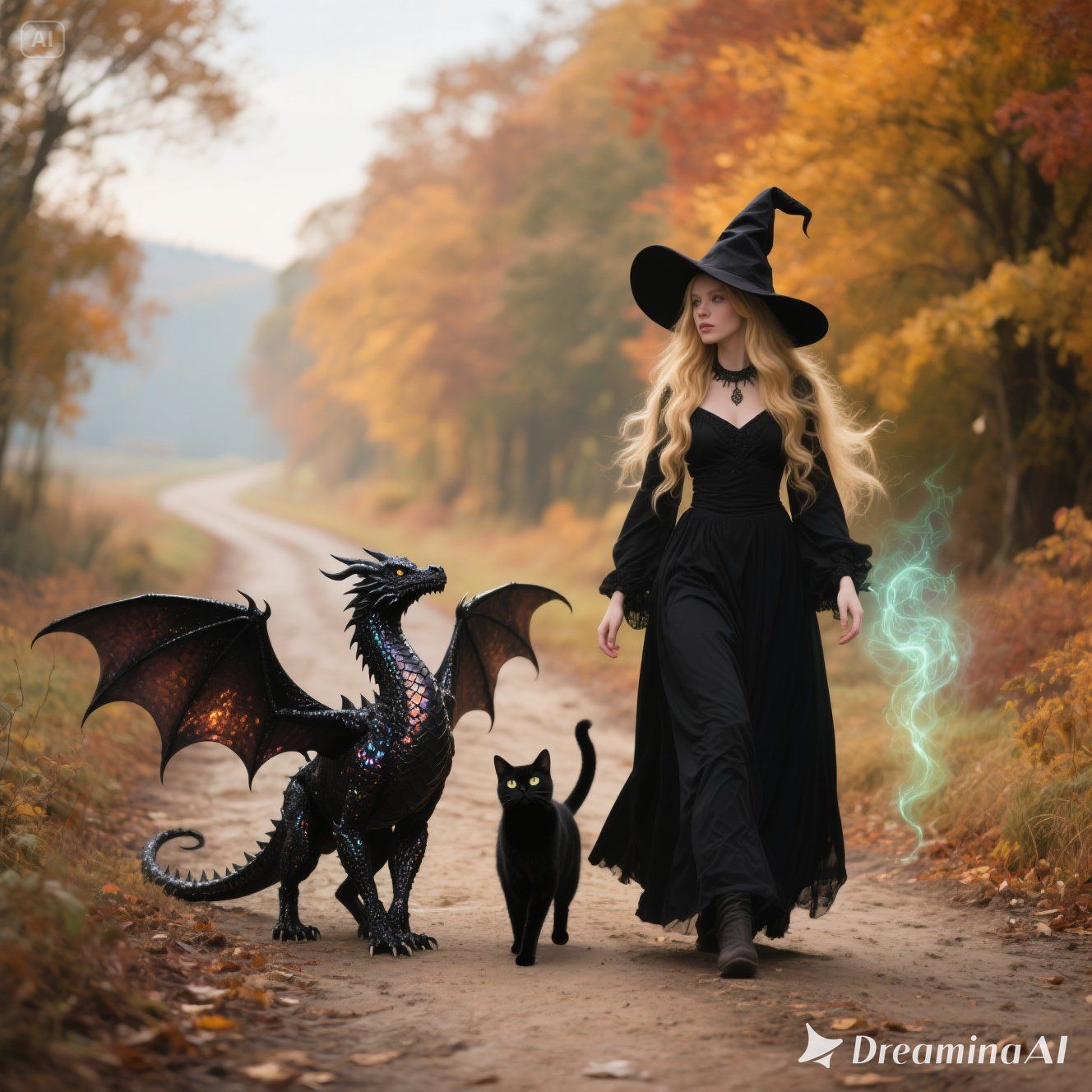 witch walks with her black cat and dragon- Model : dreamina