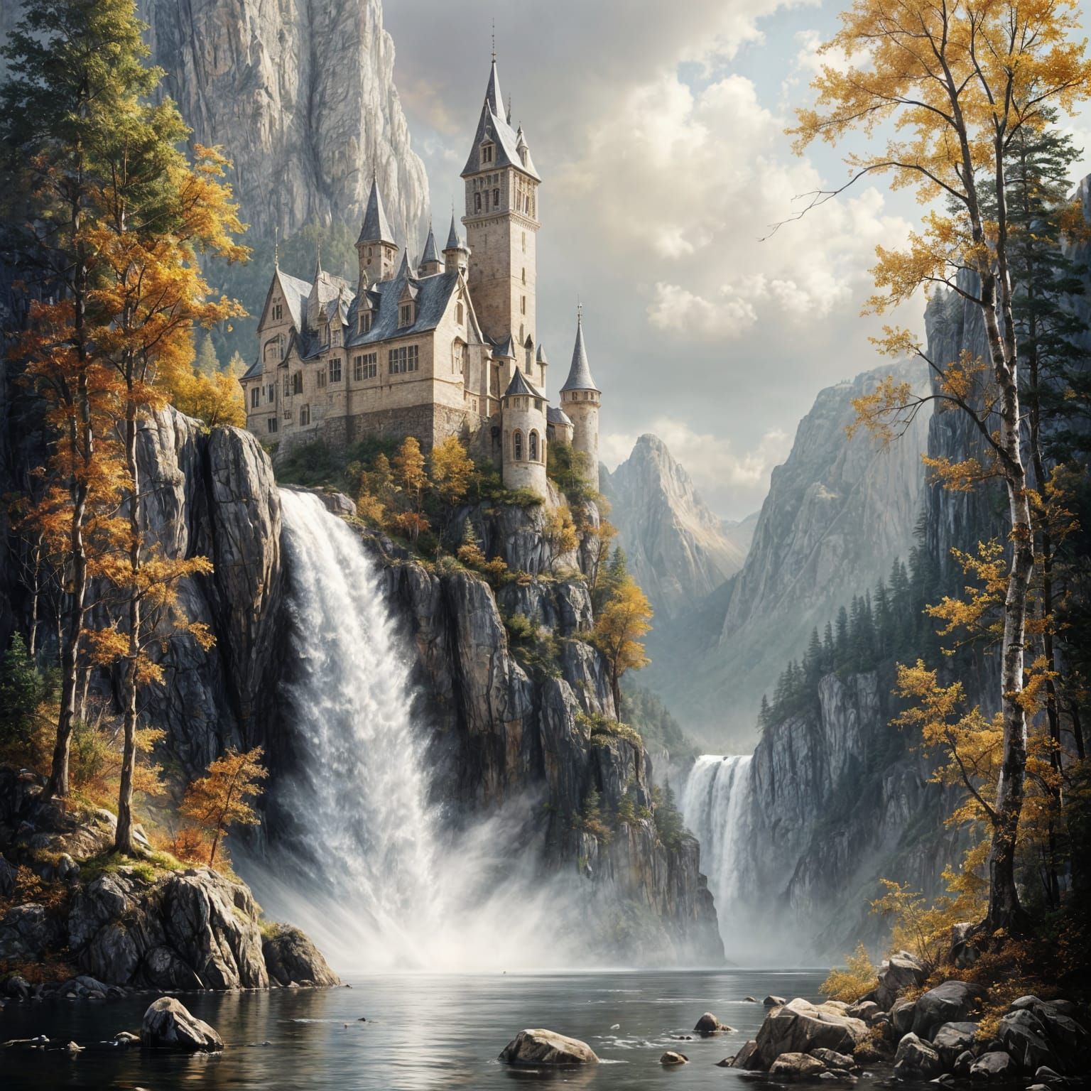 Castle Beside Waterfall: European Oil Painting