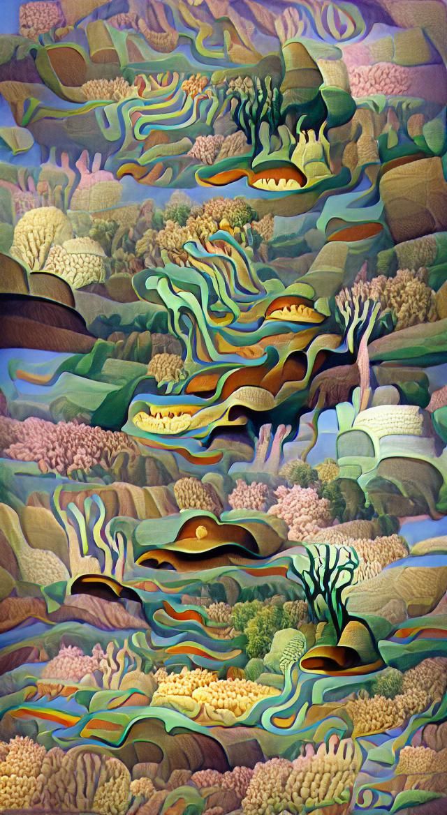 a psychedelic landscape painting of rolling forested  hills ...