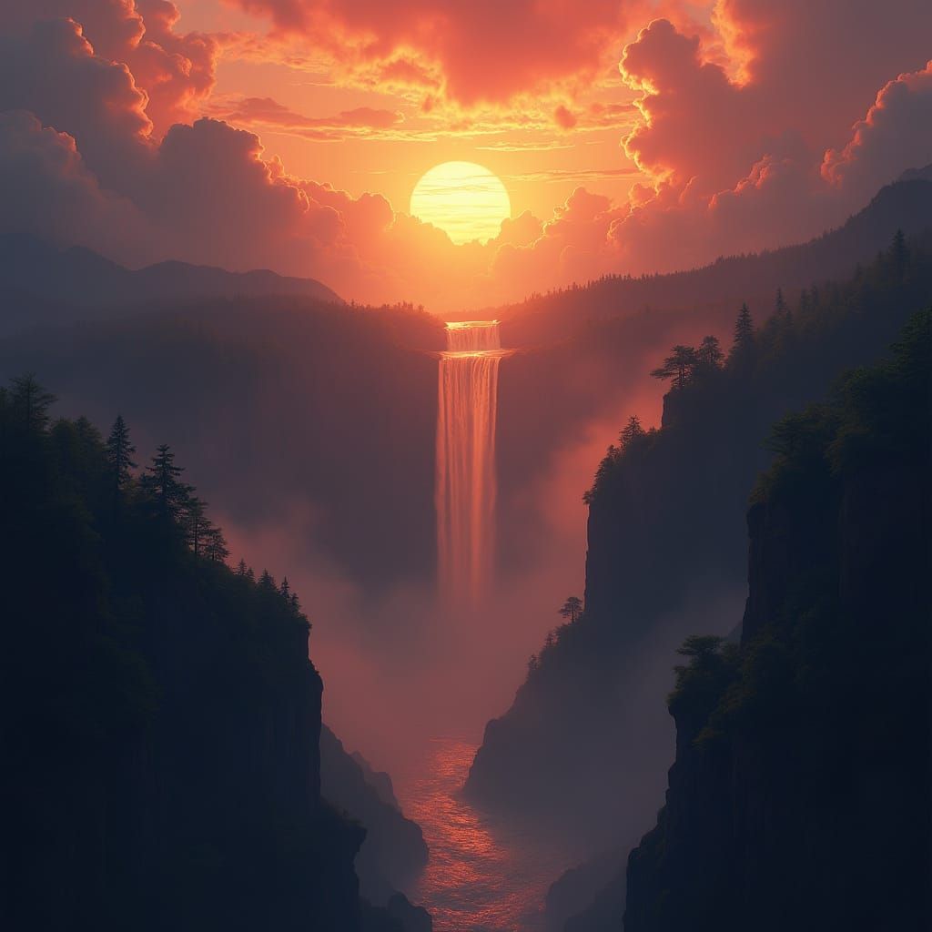 During sunset, the water falls from the clouds, catching the fiery light as it tumbles into a deep valley ...  by @Baelfyr