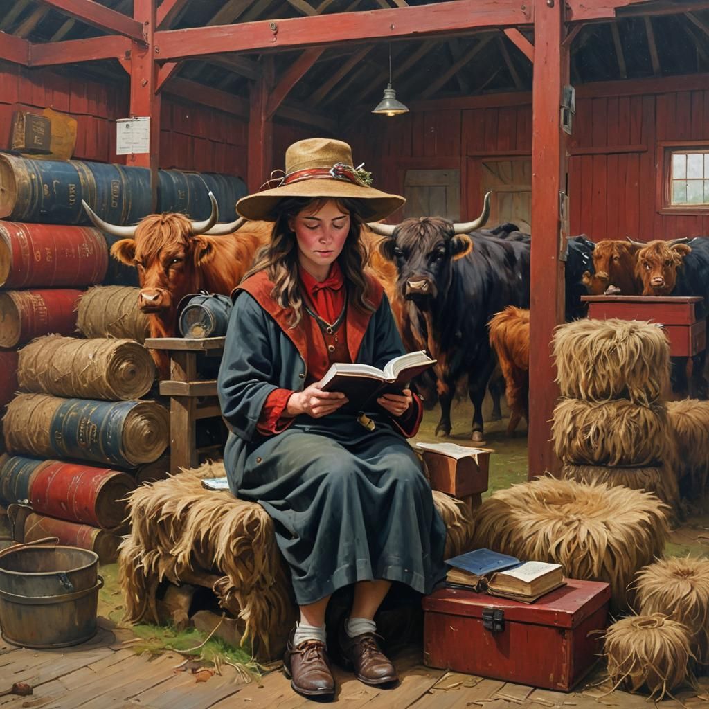 A lady reading a Bible while sitting on a hat stack in the R...