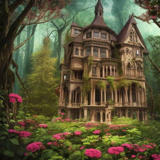 Gothic mansion surrounded by lush forest and flowers  by @Zero