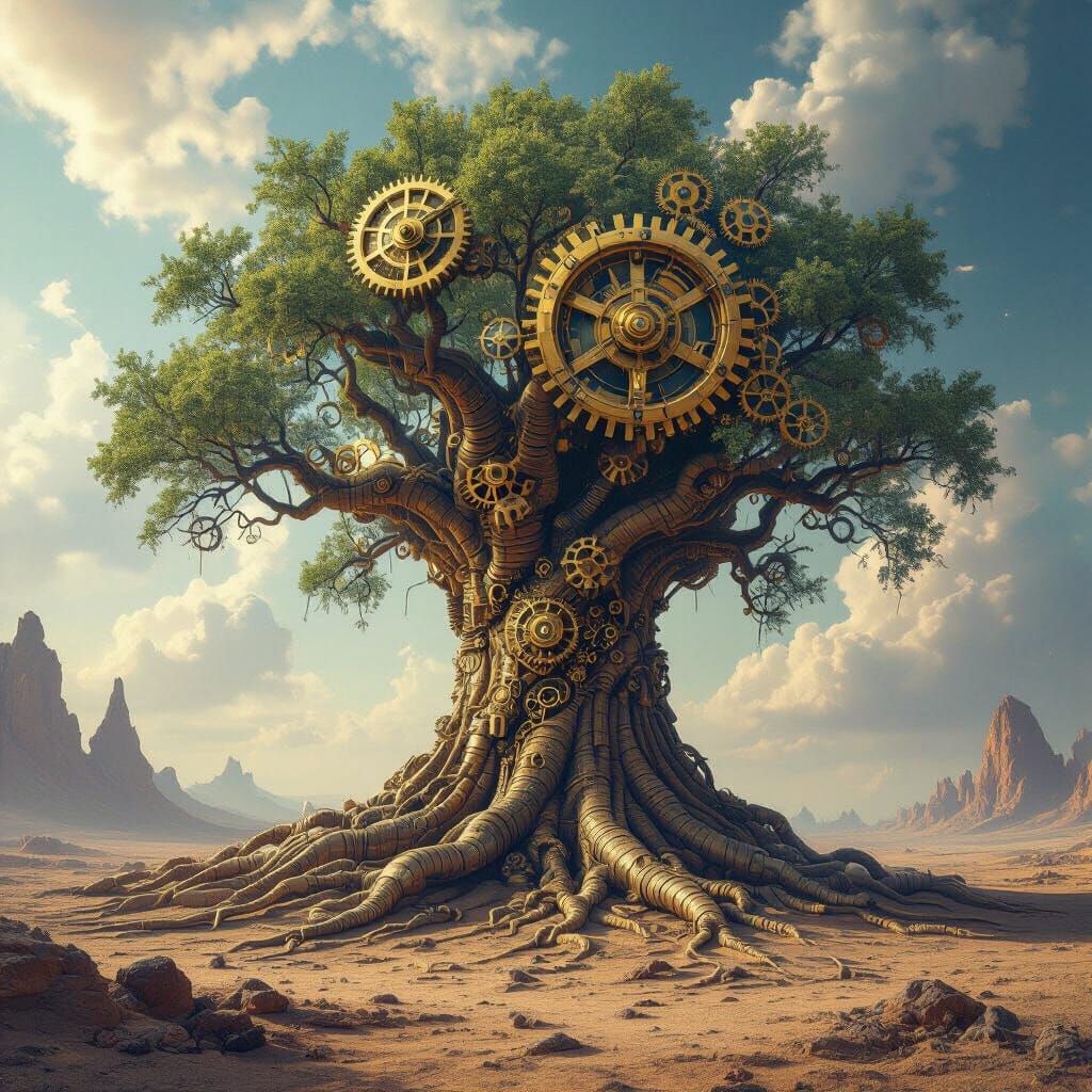 A colossal, ancient tree whose bark is composed of thousands of intricately carved wooden gears and clockwork mechanisms. Roots made of poli...