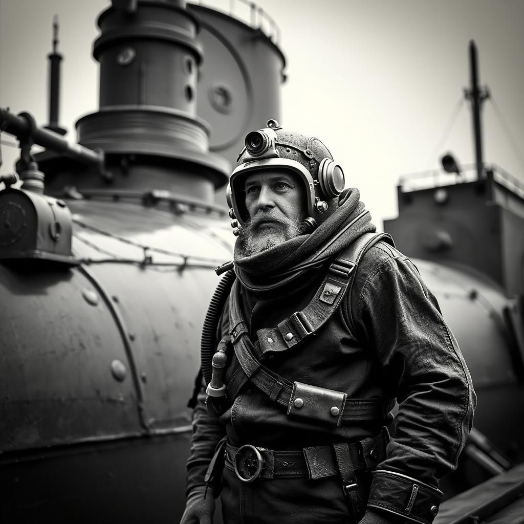 a black and white classic artistic reproduction of Captain Nemo by Jules Verne, in the style of edouard riou, scientific illustrations, grai...