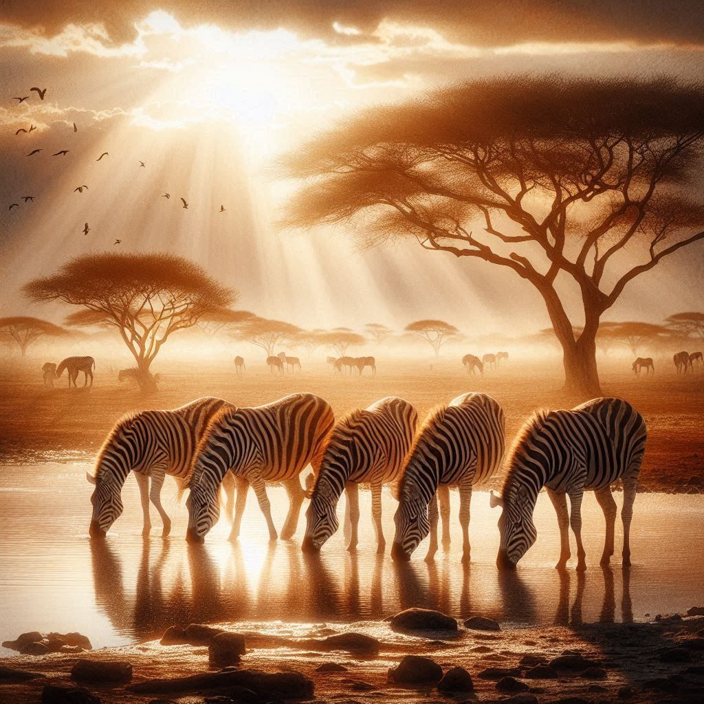 Zebras drinking at the Waterhole