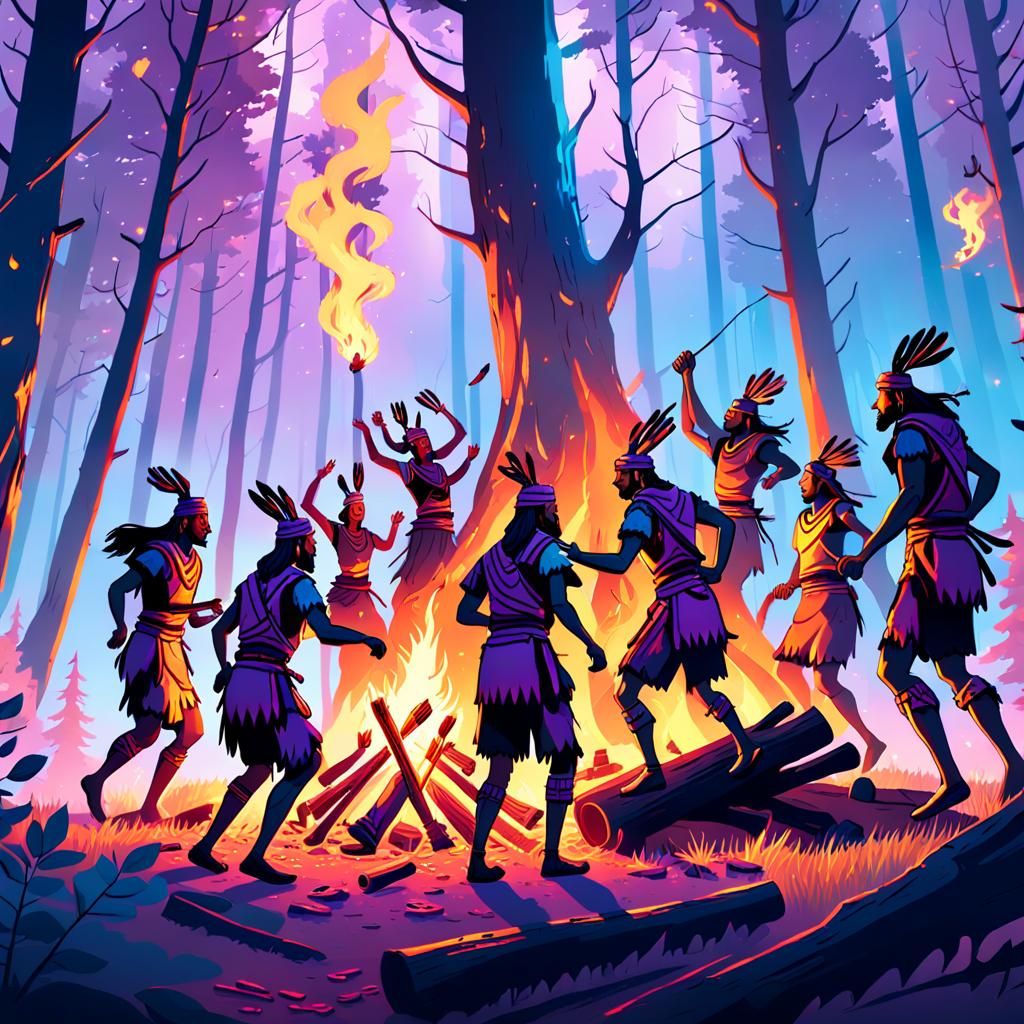 Indians Dancing by Fire in Fantasy Forest Art