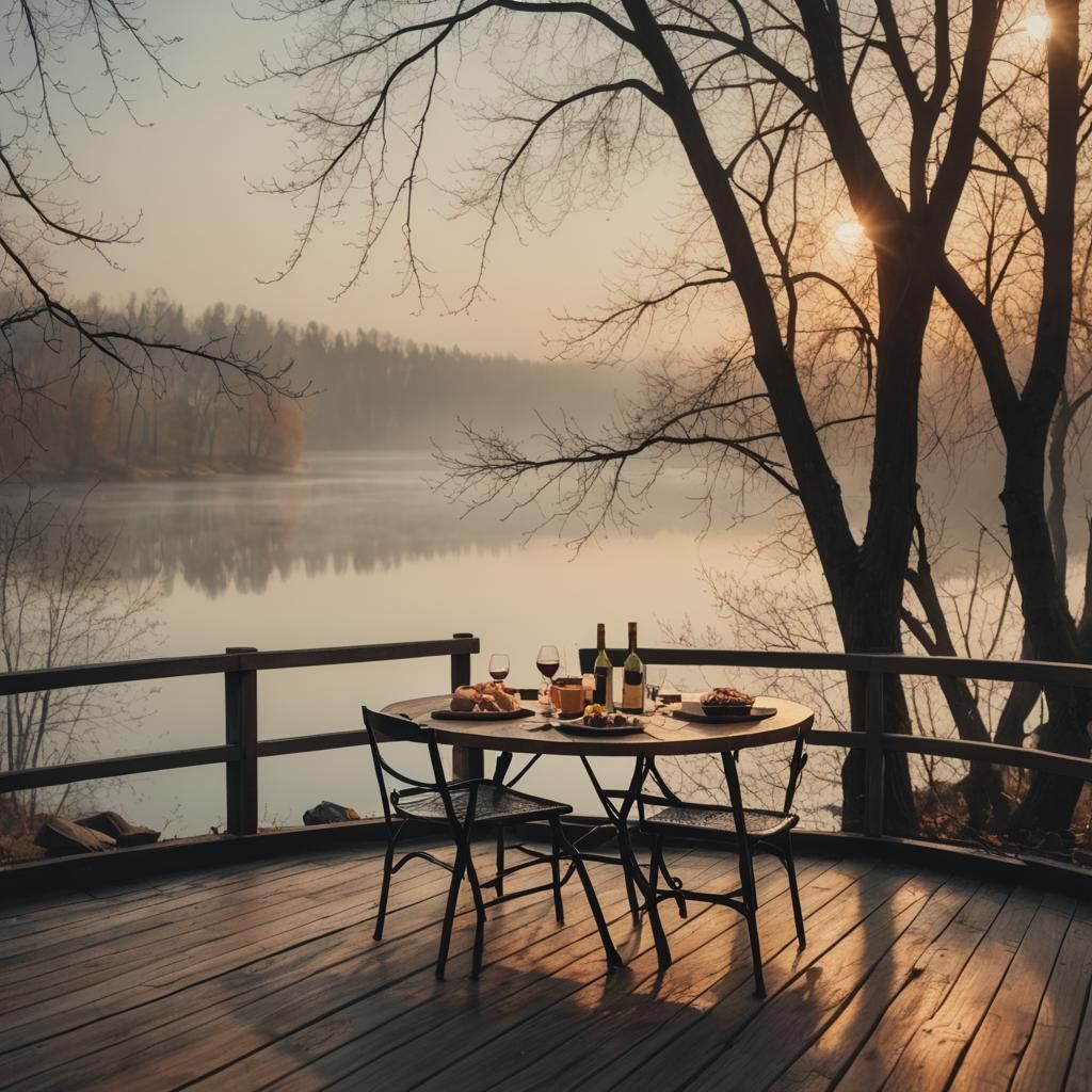 Romantic Lakeside Table in Cinematic Film Style