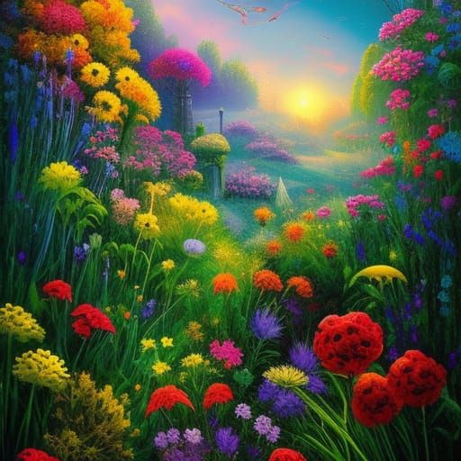 Fantasy Flower Castle in Mixed Media Style