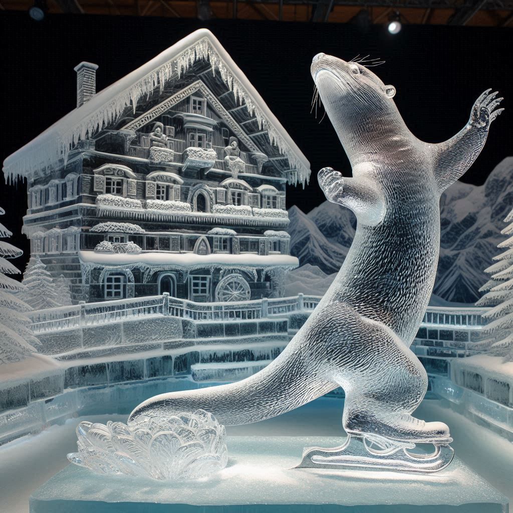Ice sculpture Otter skating in a beautiful village