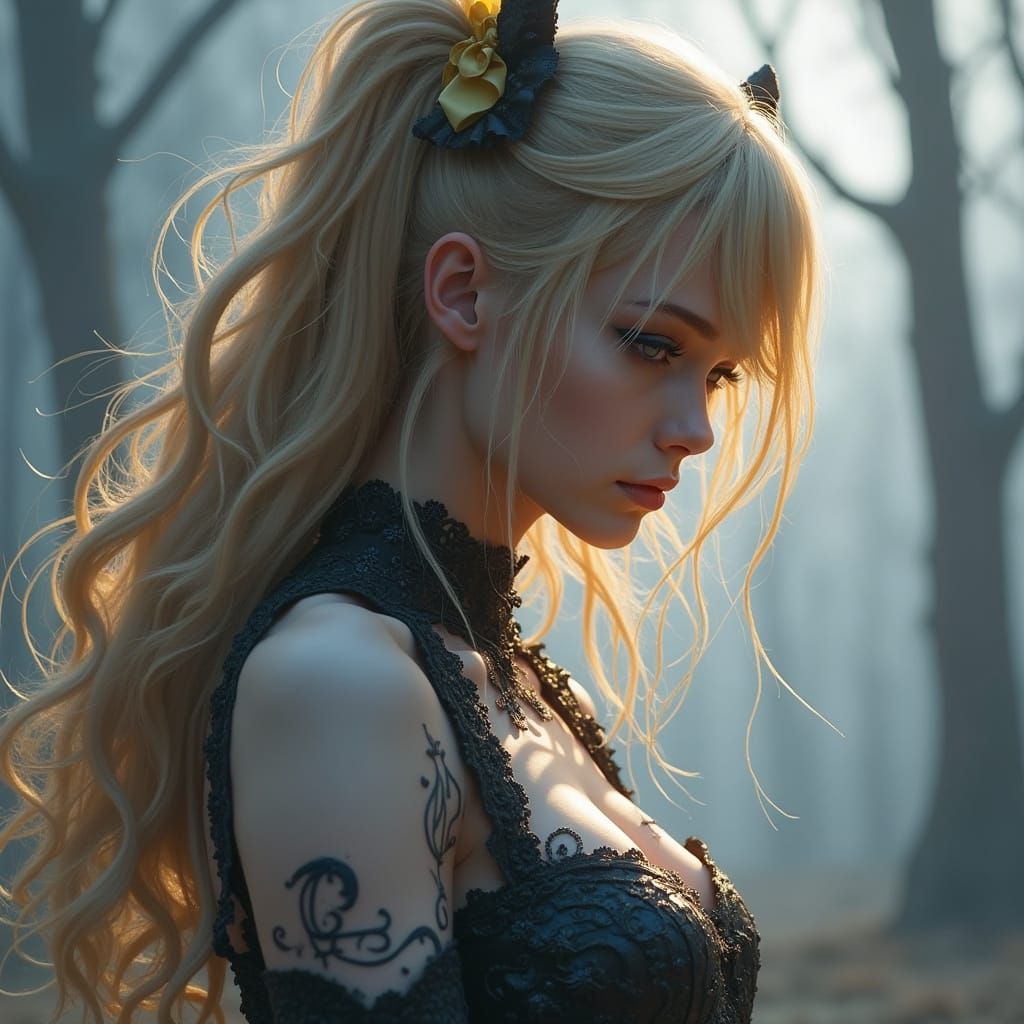 Mysterious Woman in Gothic Style at Sunset