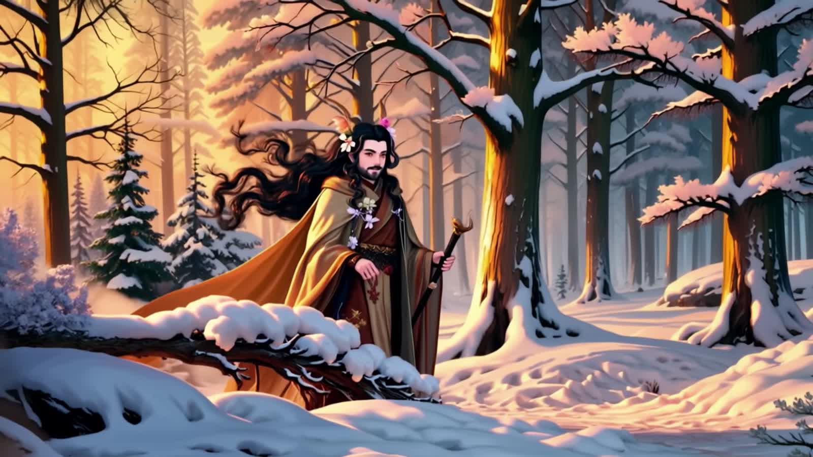 a gentle looking woodland winter fae god he has long black hair,horns with flowers on them and beard stubble( I want to ...