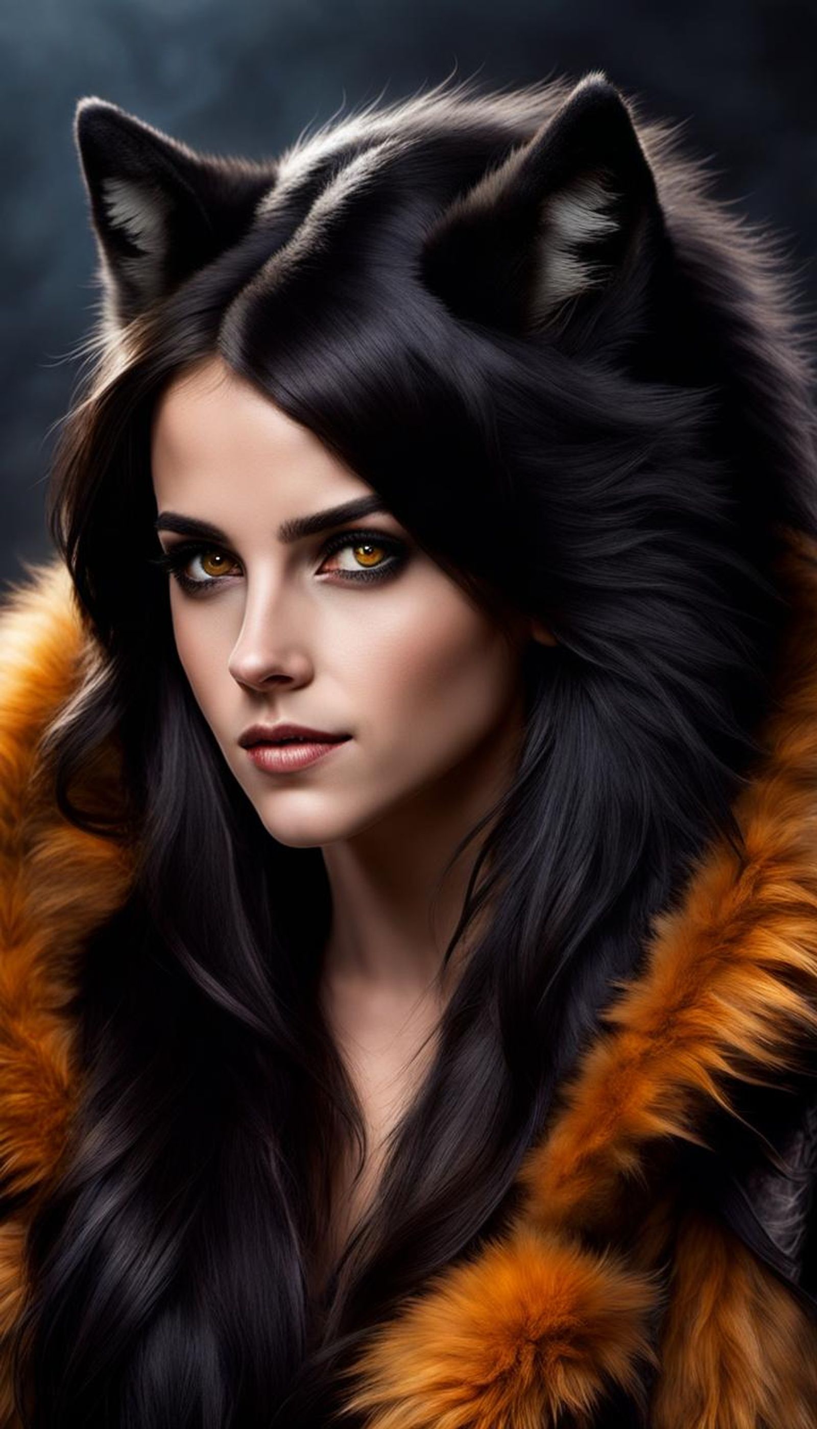 A beautiful portrait of a werewolf, half wolf and half woman, long ...