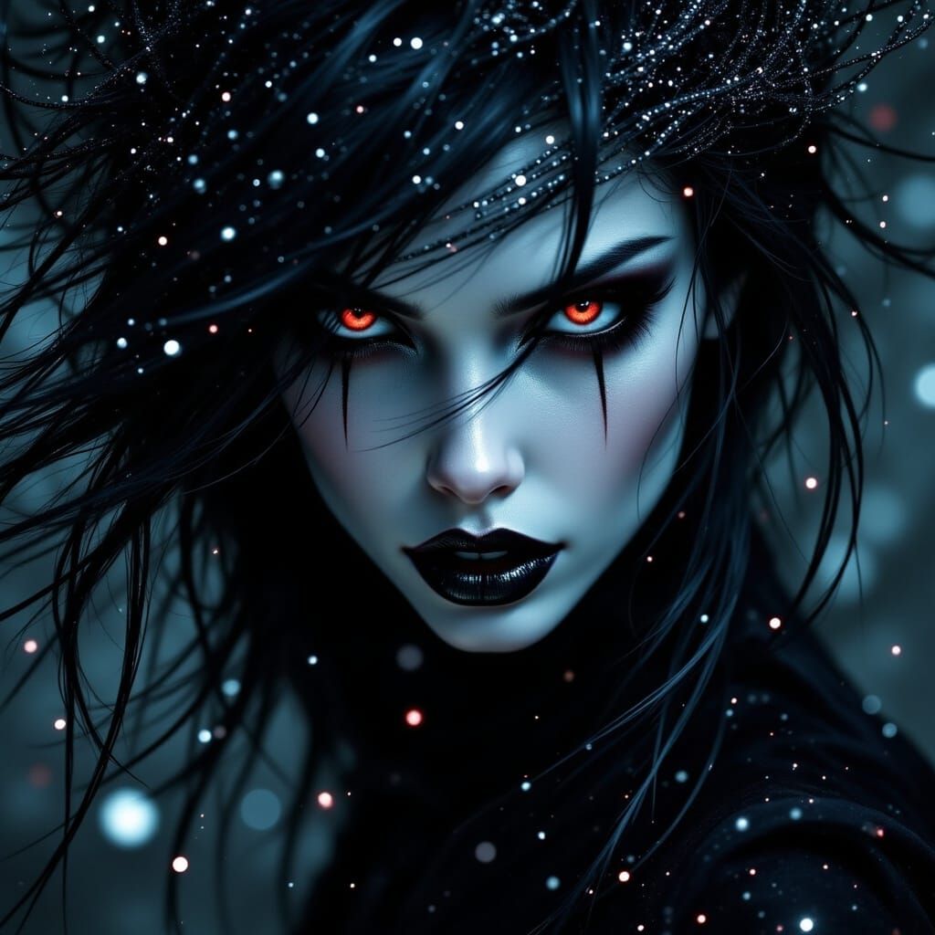 <lora:Dark Vampiress:1.0>; fine arts; minimalist; cinematic photography eyes shot; shimmering sparkling metallic silver particles; vampiress...