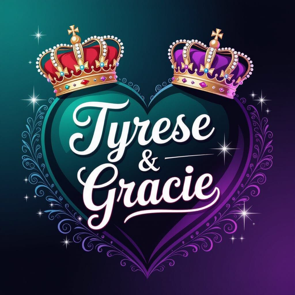 Heart with Tyresse and Gracie in the middle with king and queen crowns girly with colors black green and purple