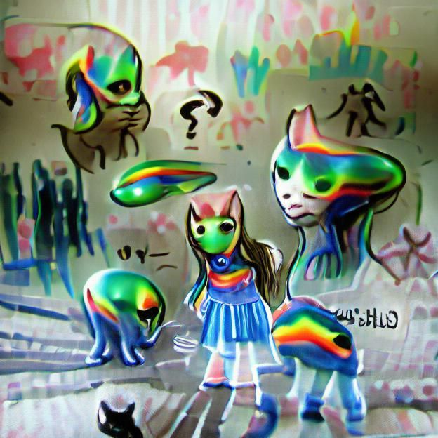Rainbow alien cats… and one is wearing a dress.